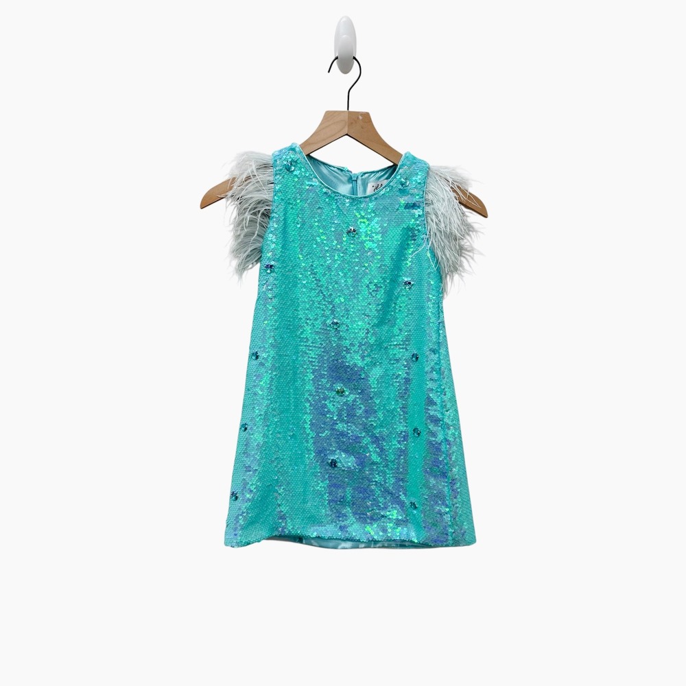 Lola + The Boys Girls Aqua Sequin Feather Trim Party Dress Size 6 Turquoise